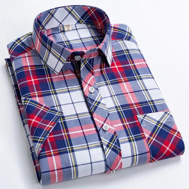 Летняя мужская клетчатая рубашка Chemise homme с коротким рукавом на пуговицах, тонкая деловая Повседневная рубашка, большой размер 5XL, Мужская брендовая одежда - Цвет: Синий