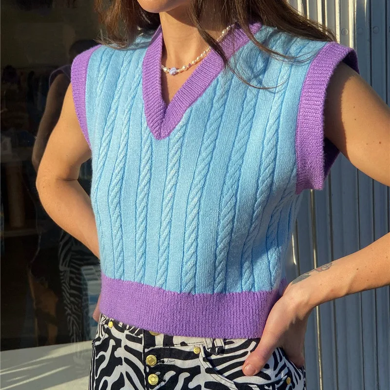 

V Neck Sleeveless Knitted Crop Top Sweater Vest Women Y2K 90S Knitted Wear 2021 Casual Cropped Sweaters Pullover