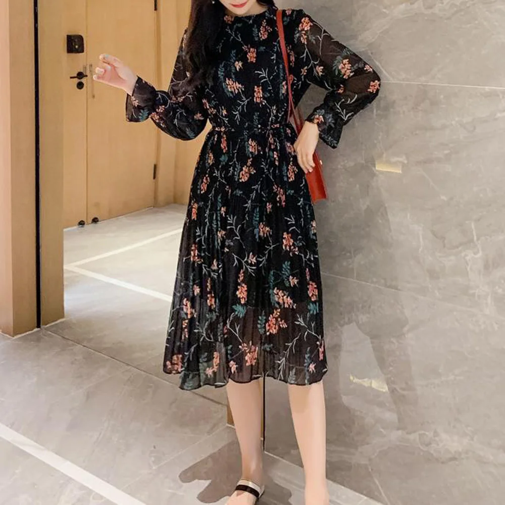 

French Floral Dress Women Casual Boho Long Dress 2021 Loose Chiffon Party Dresses Beach Long Sleeve Dress Sexy Maxi Dress