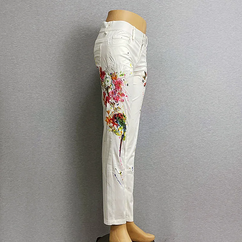 

New low waist trousers women summer cotton pants pencil pants print trousers luxury flowers embroidery trouser white pants NZ45