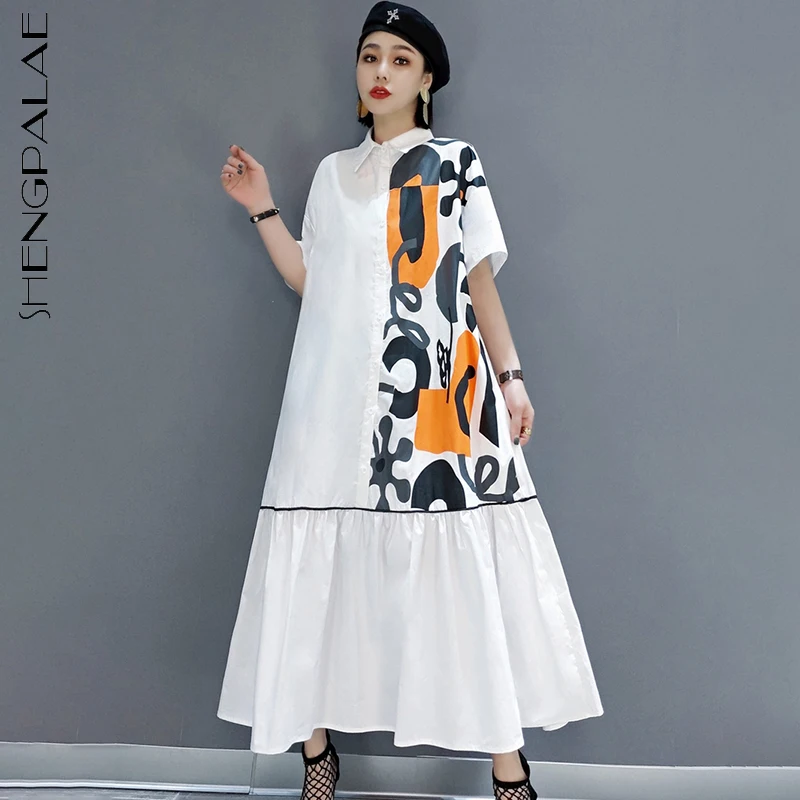 

SHENGPLLAE temperament printed shirt dress women's summer 2021 new lapel loose single breasted short sleeve mid-calf dresses