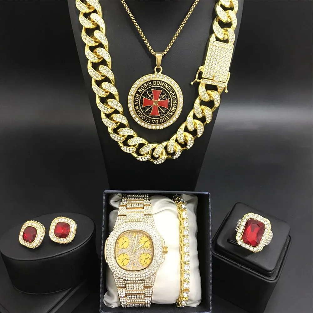 

Luxury Men Gold Watch & Neckalce & Braclete & Ring & Earrings Combo Ice Out Cuban Crystal Miami Hip Hop Neckalce Chain For Men