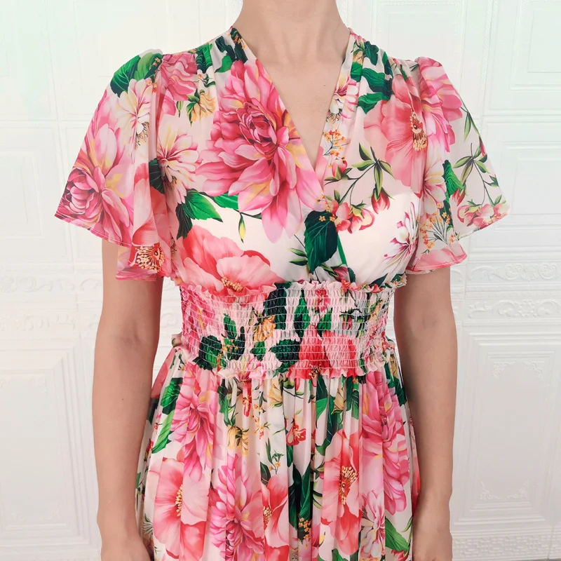 

Plus Size Long Dress Runway High Quality Summer New Women'S Party Casual Boho Beach Vintage Elegant Flower Print Chiffon Dresses