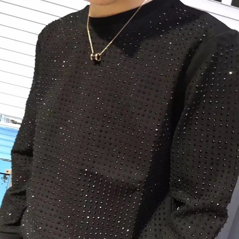 

Autumn New Mens Diamonds Studded Tees Tops Long Sleeve Fashion Rivets T-shirts Casual High Street Man Pullover Top T-shirt 4XL