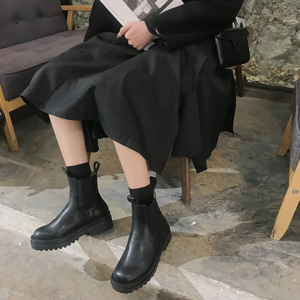 2020 Spring New Black Chelsea Boots Shoes Women Fashion Brand Ladies chunky Ankle Female botas mujer Mid Calf | Обувь