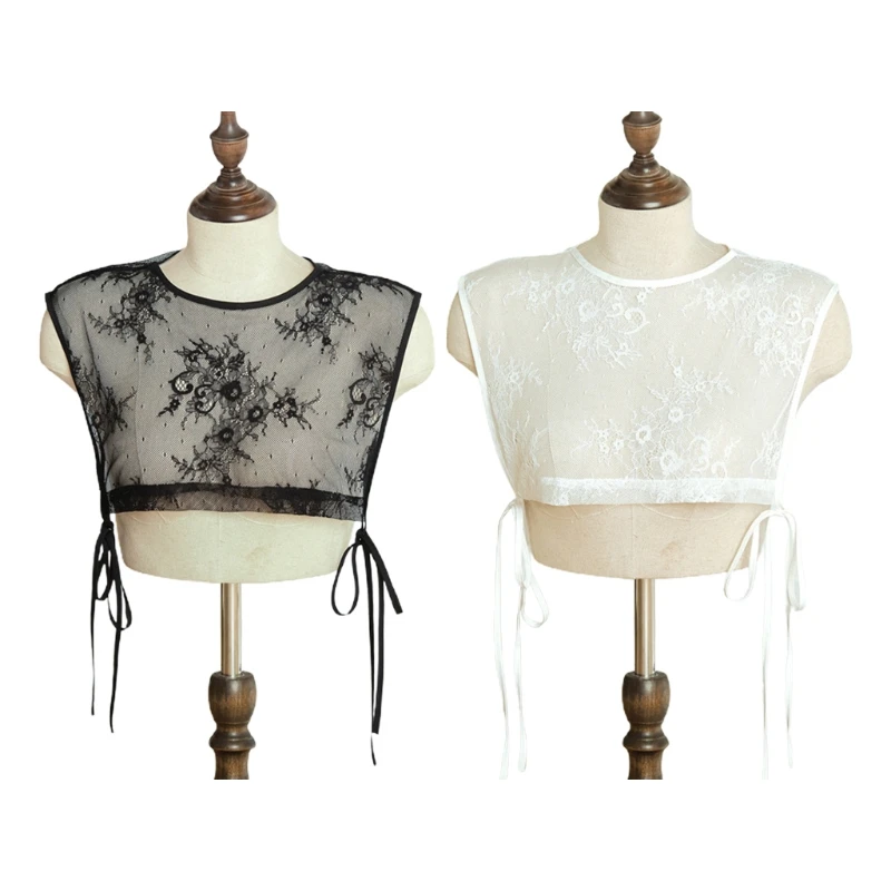 

Women Sheer Mesh Shawl False Collar Sexy Embroidery Floral Lace Detachable Dickey Pullover Underwear Lace-Up Ties Half Crop 35EF