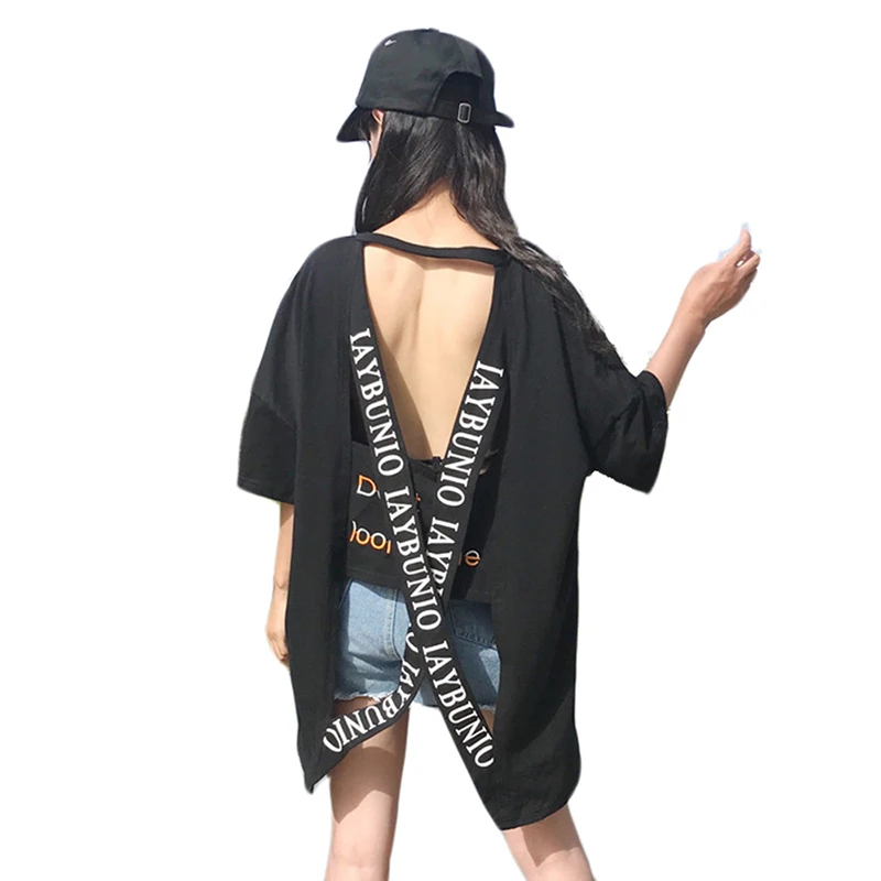 Женская летняя футболка 2020 хлопковая Футболка с открытой спиной вышитыми