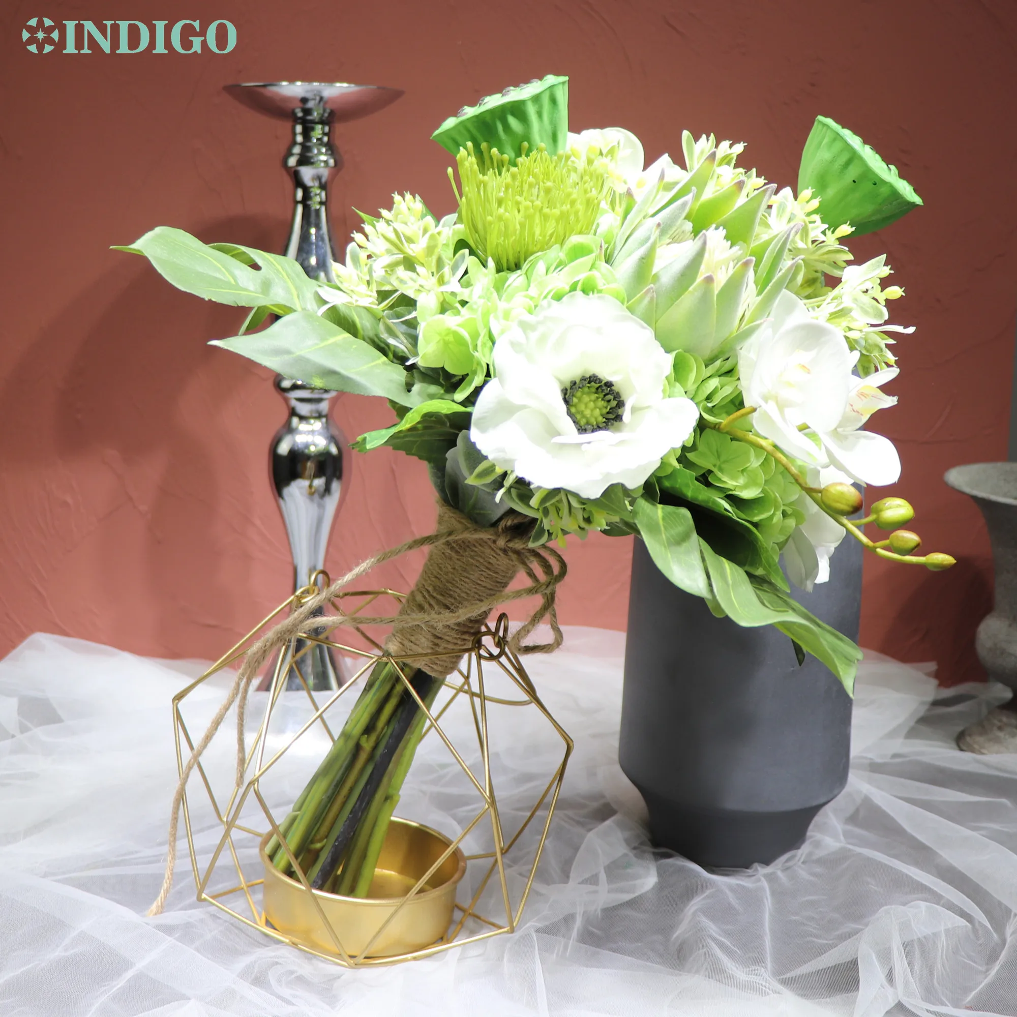 

INDIGO -Green Protea Lotus Seedpod Hydrangea Bouquet Artificial Flower Decoration Shop Display Hand Bouquet Flower Party Event
