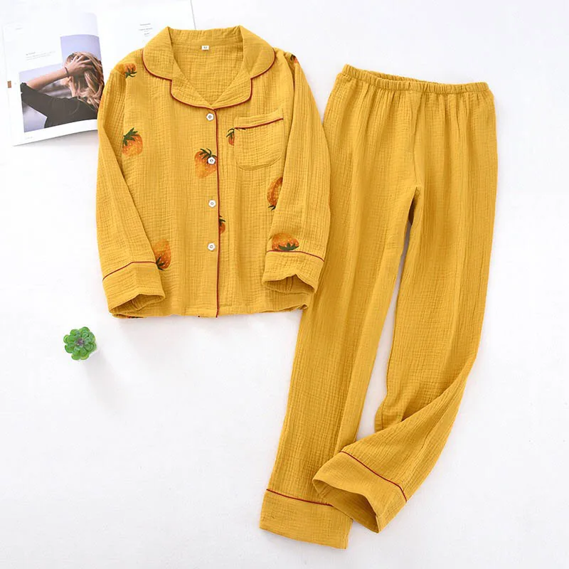 2020 Spring New Ladies Pajamas Set Sweet Strawberry Printed Women Turn-Down Collar Sleepwear Comfort Gauze Cotton Loose Homewear
