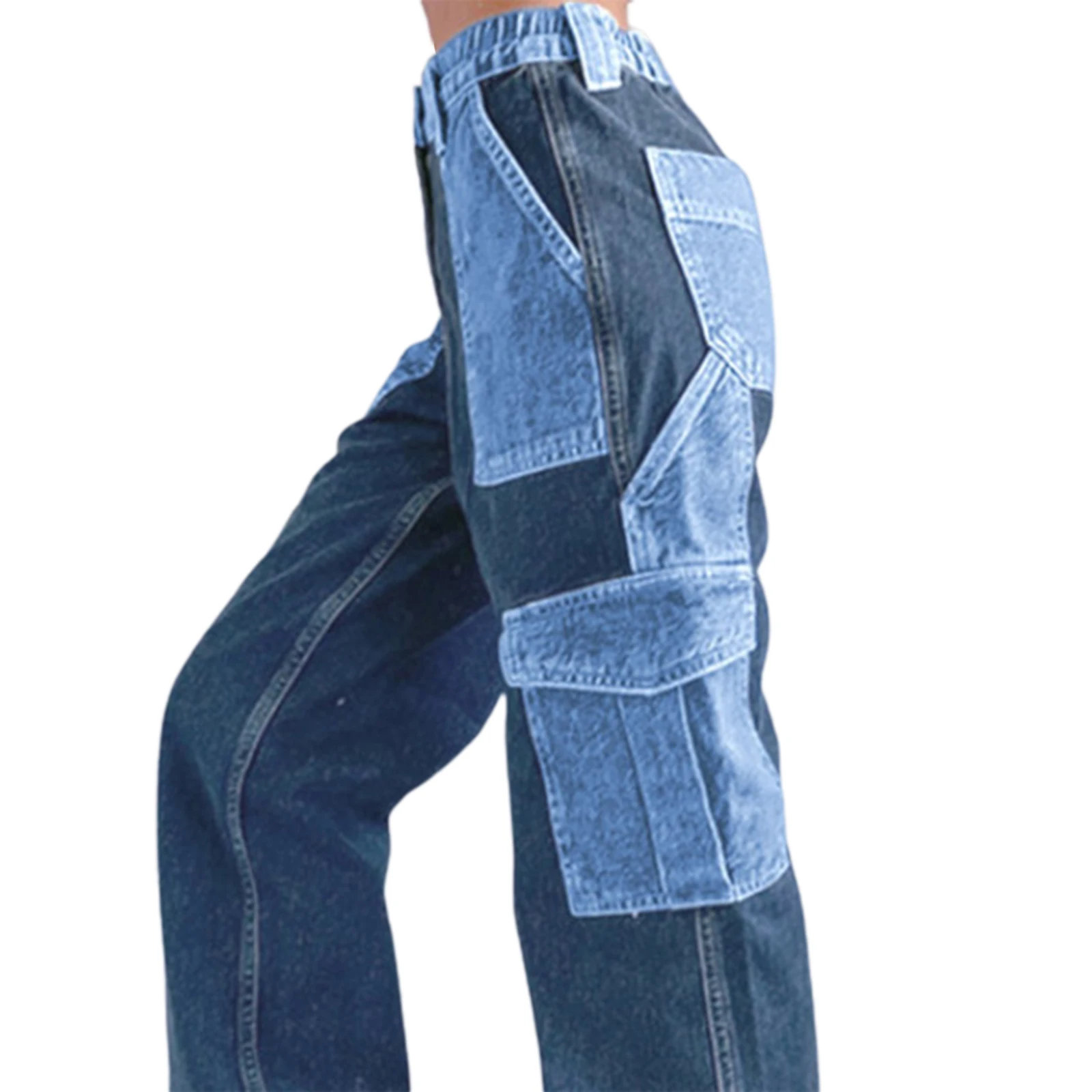 

Fashion Women Autumn Cargo Pants Adults Color Block High Waisted Straight-leg Button Trousers with Pockets