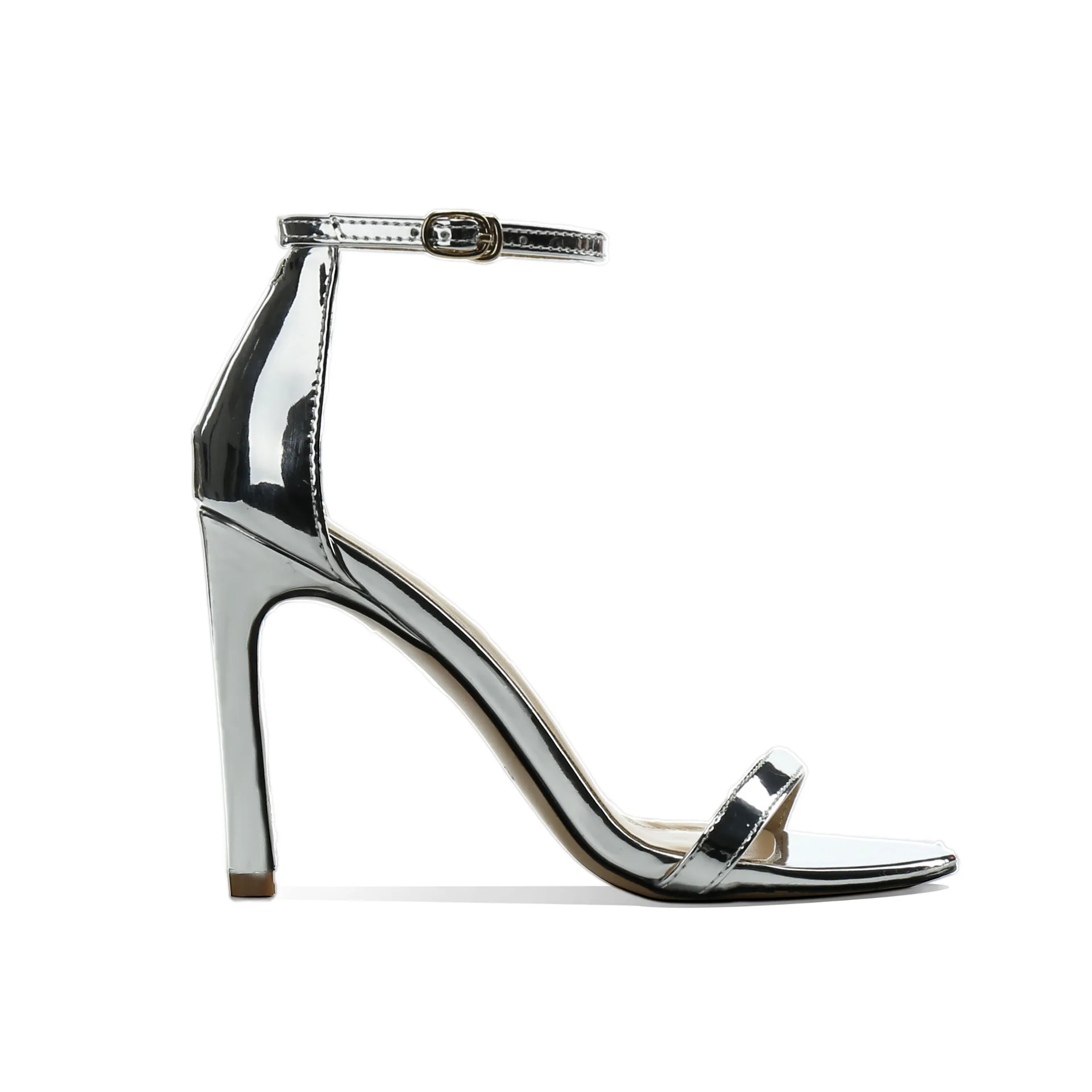 

2020 summer concise PU ladies high heel sandals ankle buckle strap thin bright leather high heels round head gold size 32-43