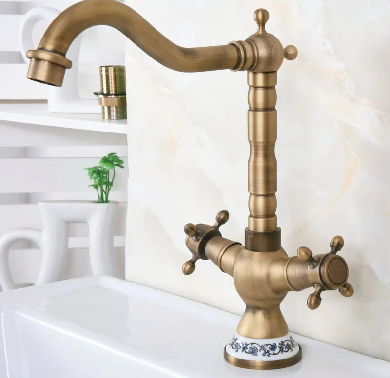 

Deck Basin Sink Brass Faucet Double Handle 1 Hole Mount Swivel Kitchen Bathroom Mixer Hot and Cold Water Retro Crane Tap
