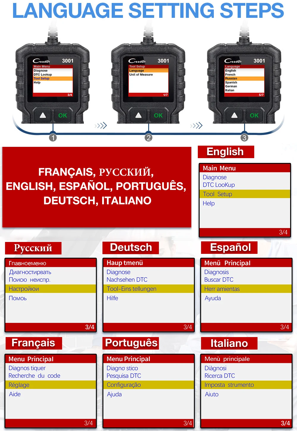 LAUNCH X431 Creader 3001 полный OBDII/EOBD сканер кодов многоязычный CR3001 автомобильный
