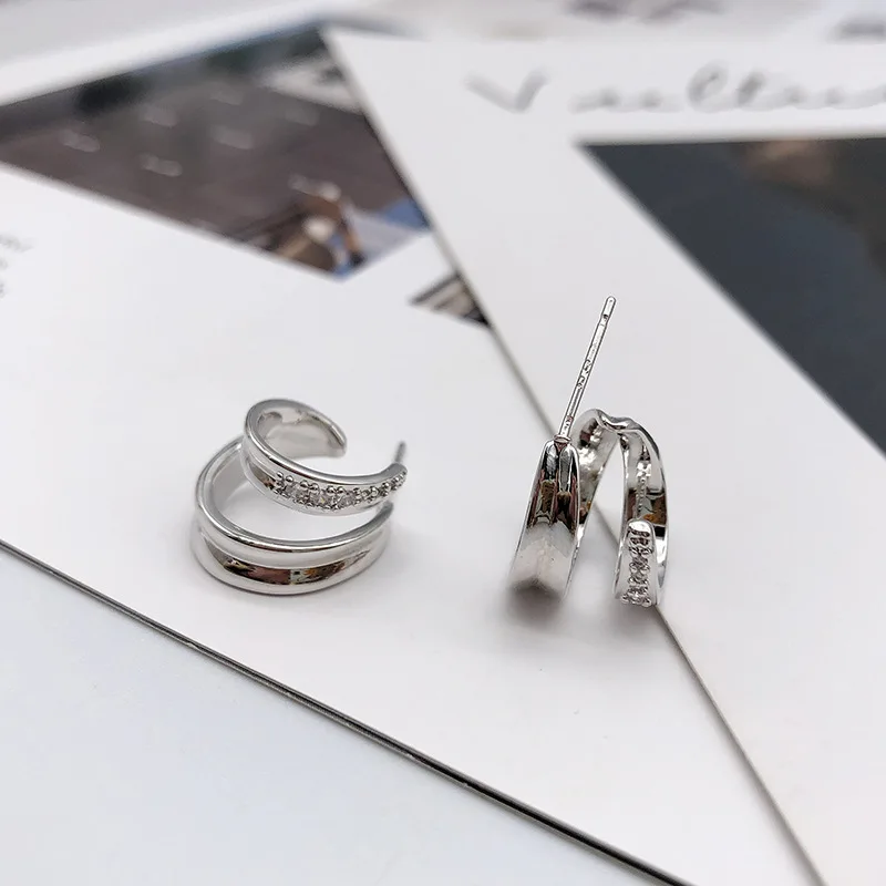 

C-shaped Earrings Female Fashion Temperament Ladies Double Diamond-studded Lines S925 Silver Needle Earrings Girl Earrings Hot