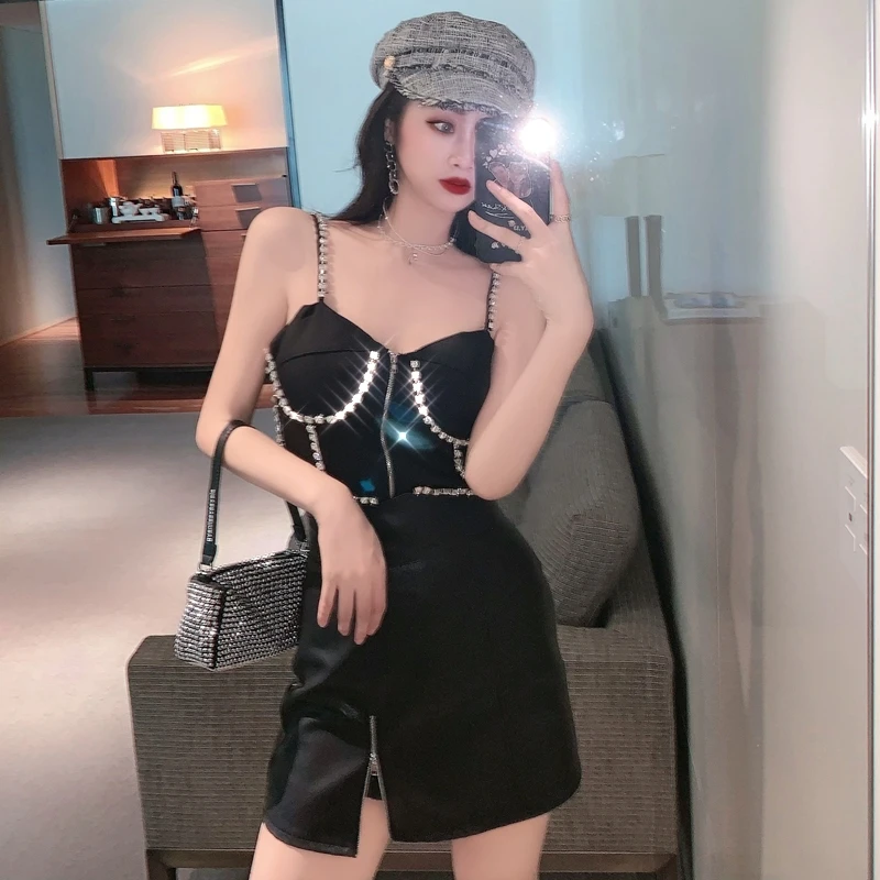 Summer Woman Short Sexy Streetwear Beading Strap Tanks Camis with Zipper YOU165