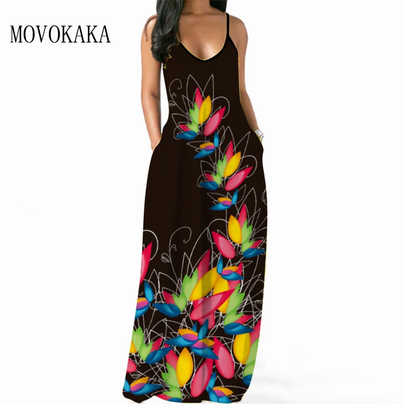 

MOVOKAKA New Black Sexy Strap Dress Women 2021 Summer Beach Sundresses Elasticity Vestidos Long Dresses Party Print Casual Dress