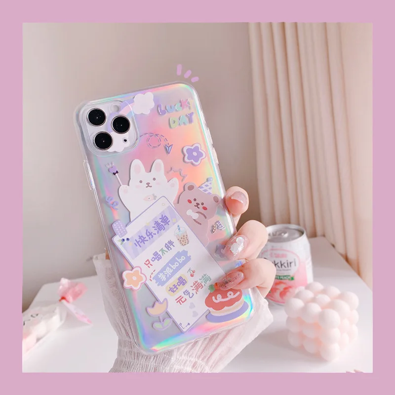 

Cartoon Bunny Laser Silicone Soft Phone Case For iPhone 7 8 Plus 2020 SE X XR XS Max 11 11Pro Max 12 12Pro Max Pro Mini Case Bag
