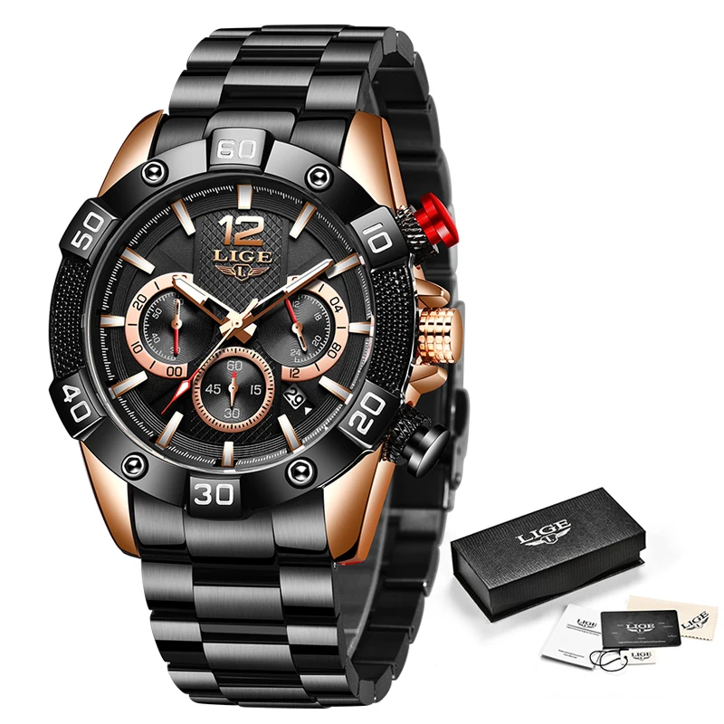 Часы наручные LIGE Мужские кварцевые со светящимися стрелками водонепроницаемые