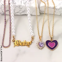 4 pcs purple layered heart baby pearls beaded necklace for women round pearl necklaces crystal pendant choker boho girls jewelry