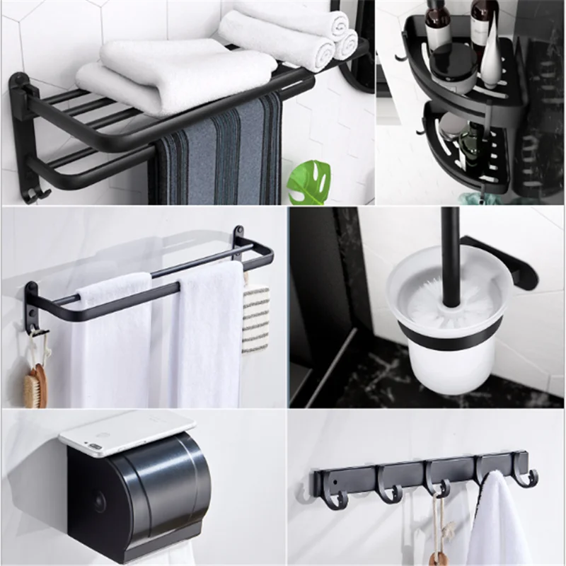 

Black/Silver/Gold Double Towel Bars Bathroom Towel Hanger Space Aluminum Bathroom Accessories Towel Rack Towel Ring Toilet Brush