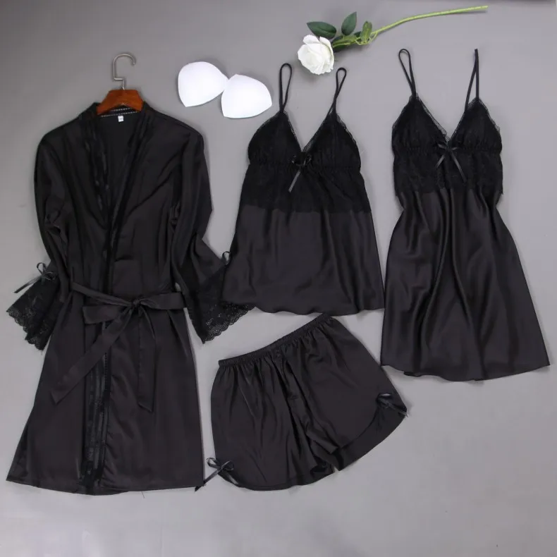 Summer New 4 Pcs Set Women Pyjama Satin High Quality Lace Sexy Sleepwear With Chest Pad Pajamas | Женская одежда