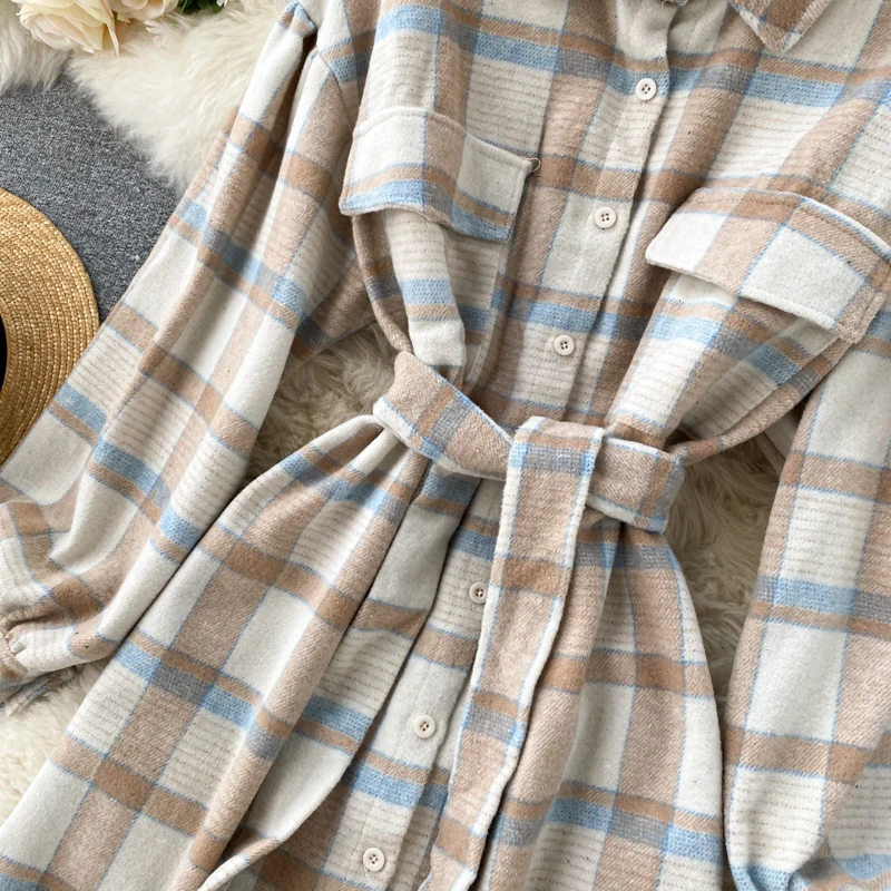 

Women's autumn winter thicken warm vintage plaid wollen dress female winter checked shirt dress TB1155