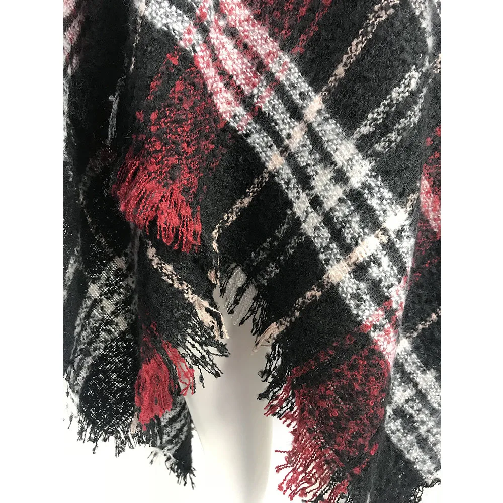 Женский вязаный кардиган винно-Красный Клетчатый теплый зимний шарф одеяло