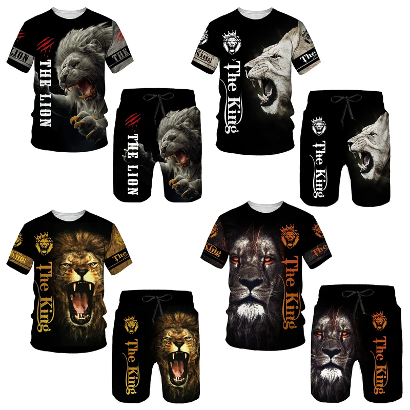 Summer 3D Printed Men's T-shirt Shorts Set Ferocious Lion Men's Sportswear Tracksuit O Neck Short Sleeve Cool Men's Clothing Su