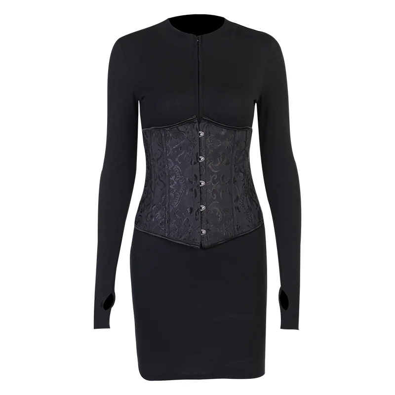 

Autumn Winter Women Black Dress with Girdle Casual Bodycon for Party Club Gothic Streetwear Lady Long Sleeve Sheath Dress