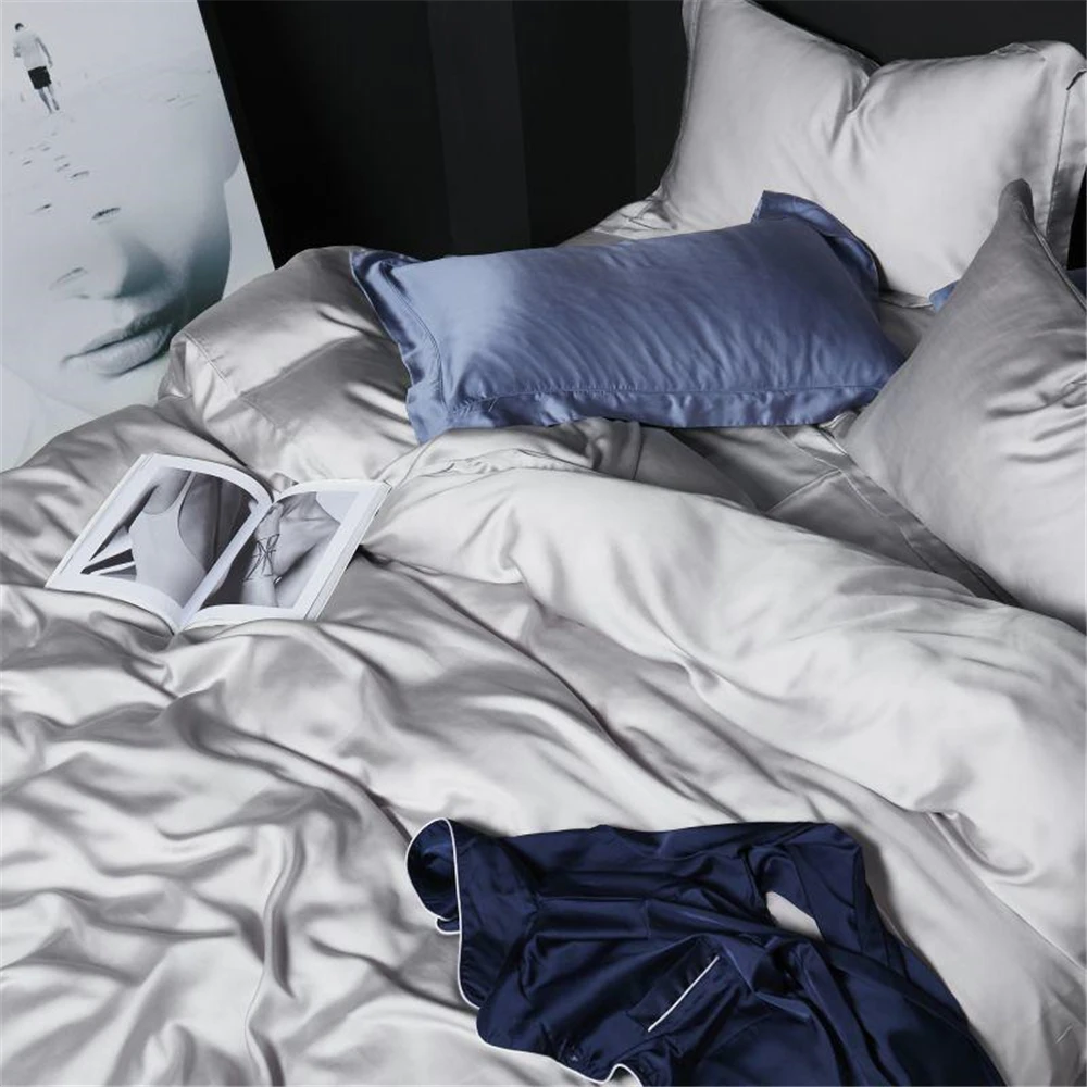 

SlowDream Women Beauty 100% Silk Gray Bedding Set Best For Skin Care High Quality Duvet Cover Pillwocase Queen King Flat Sheet