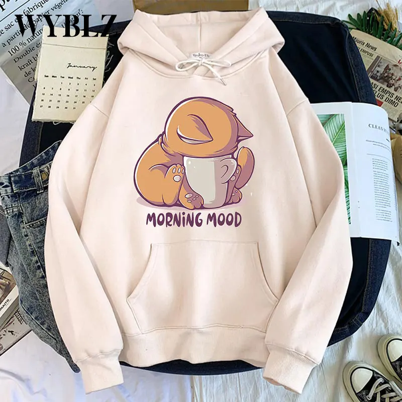 

WYBLZ Cute Kawaii Cat Print Sweatshirt Autumn Thin Velvet Hooded Korean Fashion Harajuku Loose Oversized Womens Pullover Hoodie