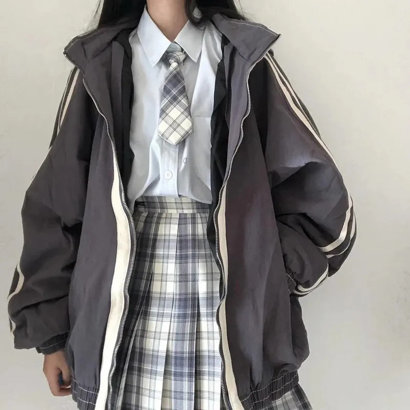 

Basic Jackets Women Spring Zipper Stand Collar Students Loose All-match Harajuku Womens Outwear Trendy Simple Striped