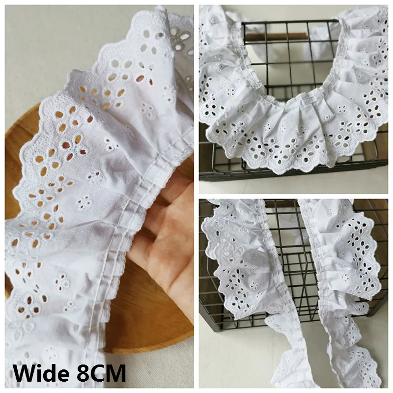 

8CM Wide White Cotton Lace Pleated Ruffle Trim Hollow Embroidery Guipure 3d Lace Fabric Ribbon Skirts Fringe Scarfs Sewing Decor