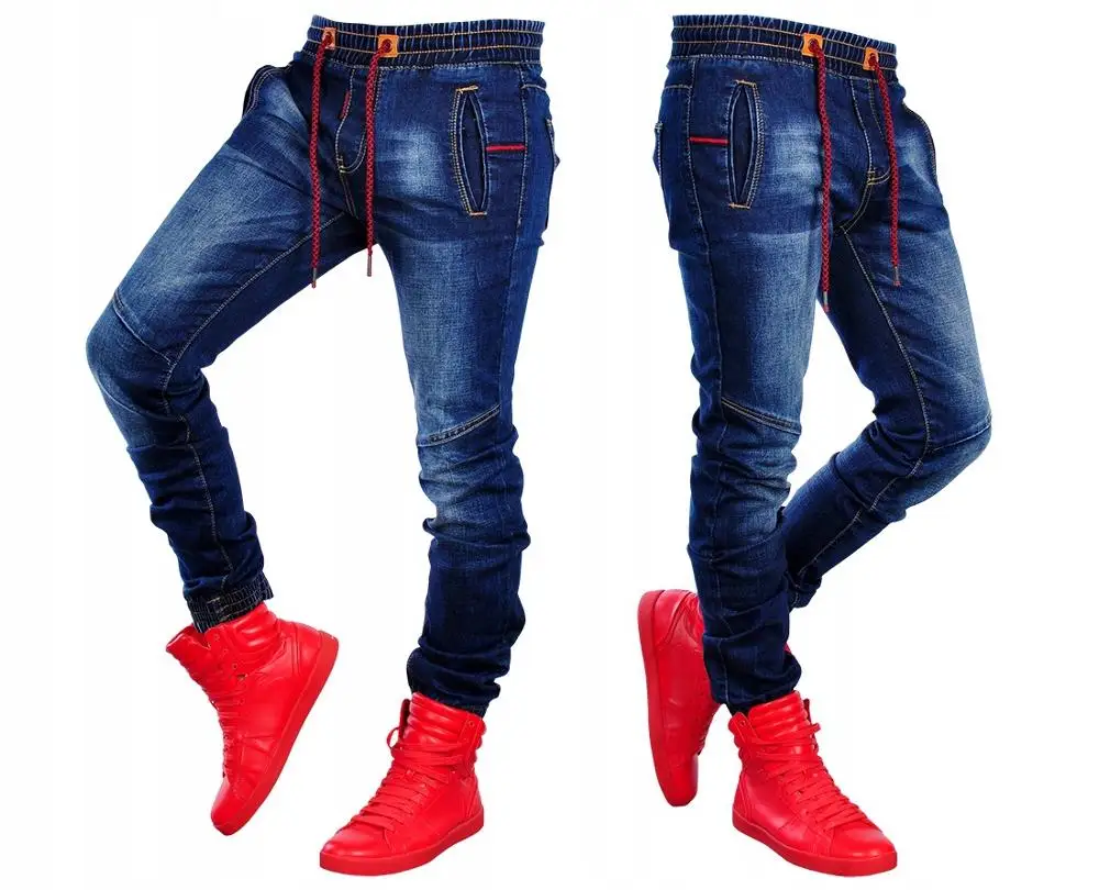 Men's Pure Colors jeans Pants Moto Biker Jeans Slim Men Jogging Movement Skinny High Elastic Pencil Drawstring Long | Мужская одежда