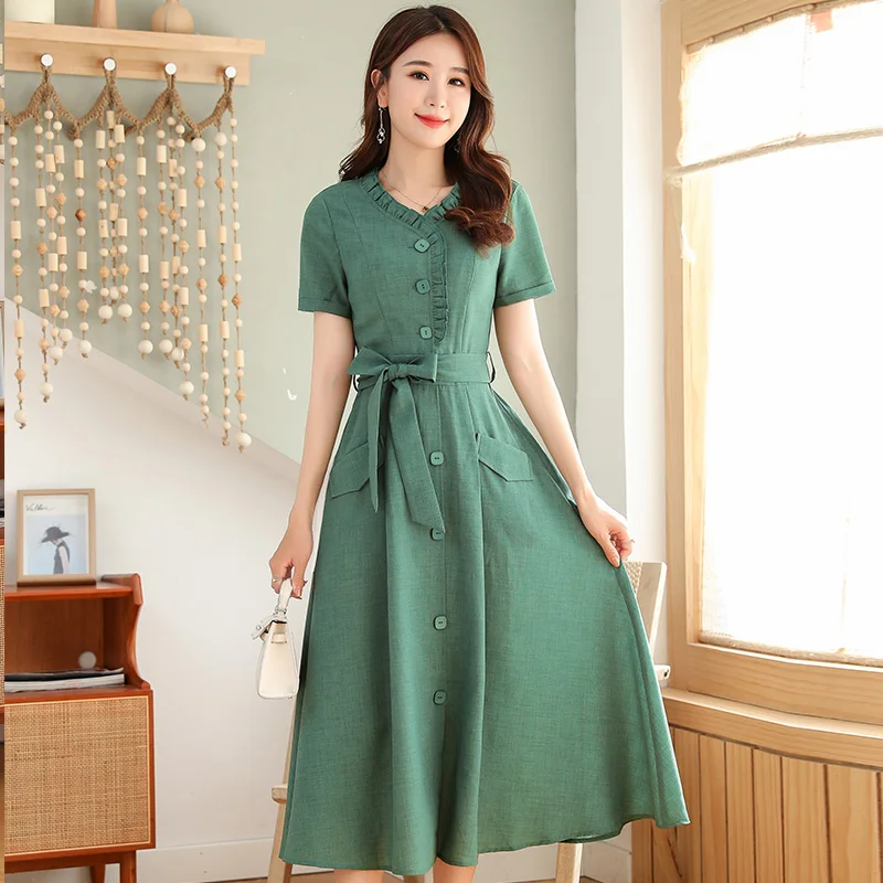 Из хлопка и льна с коротким рукавом женское платье новинка на лето весну платья