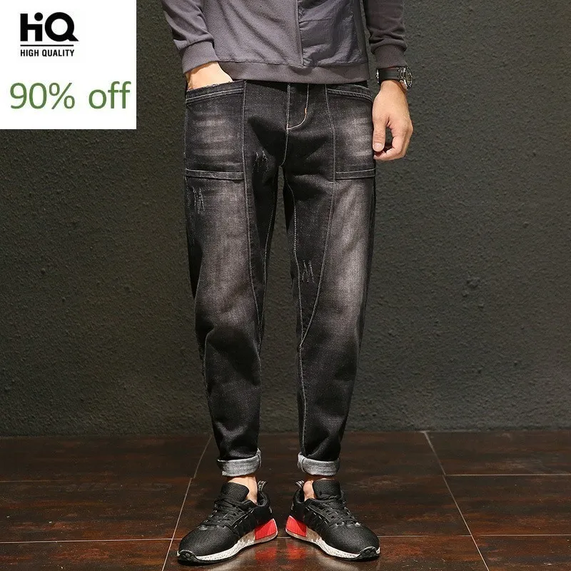 Япония стиль свободный крой Твердые Джинсовые брюки-кросс для мужчин весна осень