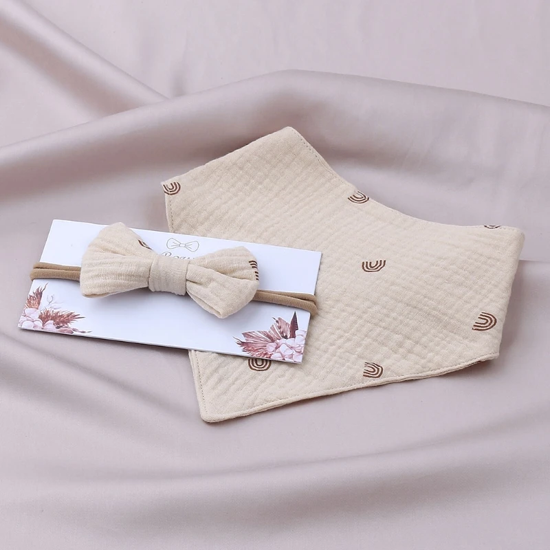 

23GD 2 Pcs Baby Girls Elastic Bow Headband Saliva Towel Set Princess Bowknot Hair Band Bibs Feeding Burp Cloth Kit Soft Pure