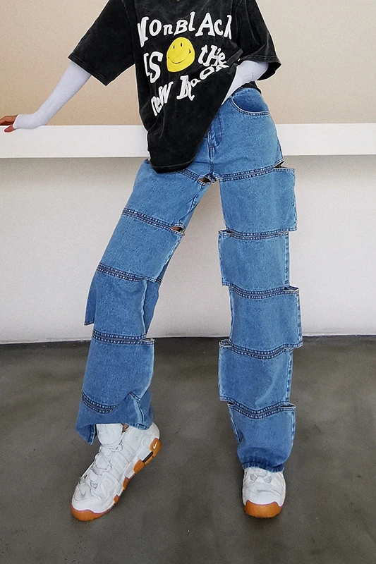 

Straight Multi-Cut Cut Daddy Mop Hole Special-Interest Design Slub Pants Stage New Jeans Nightclub Fashion