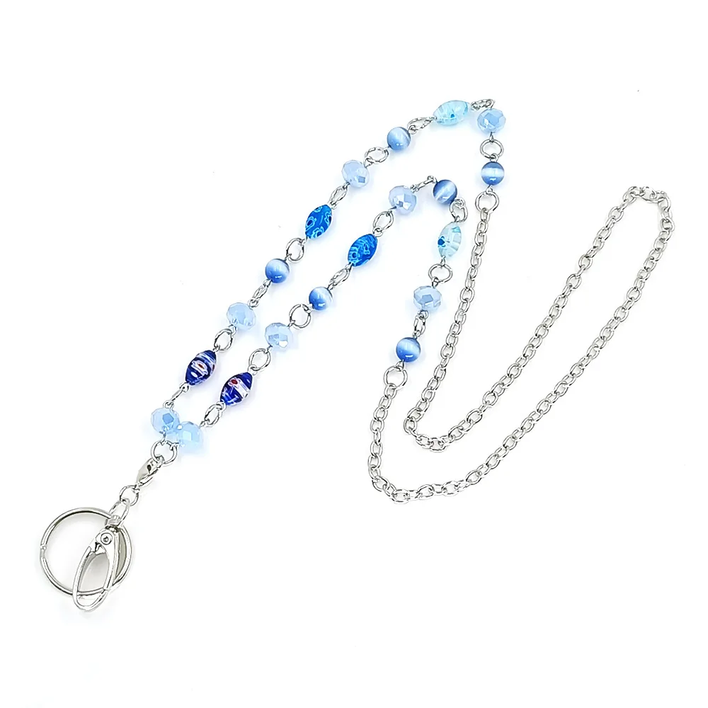Women's Fashion Blue Beads Lanyards with ID Holder Name Holder Clip Lanyard Chain Keys ID Name Badge Card Holder