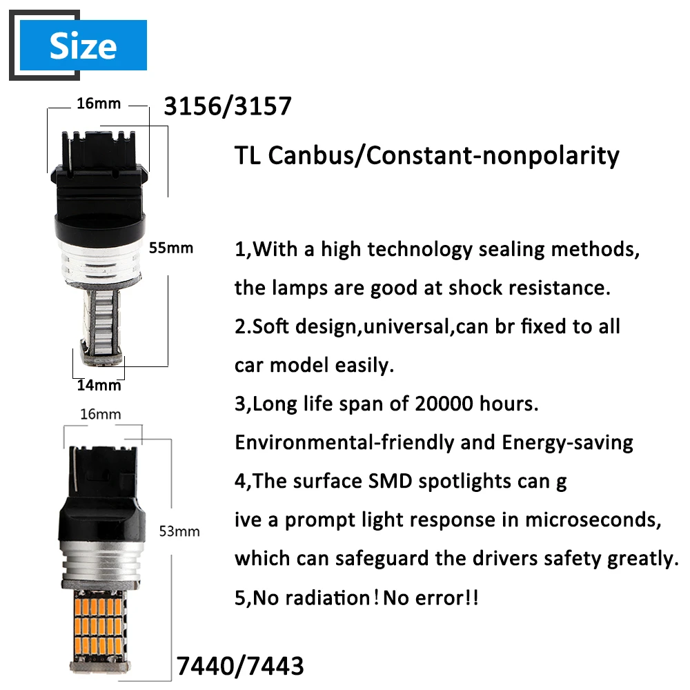 2X Canbus No Error T20 7440 7443 4014 45 SMD 3156 3157 Янтарный Красный Белый Автомобильный светодиодный светильник с сигналом поворота парковочный обратный резервный светильник