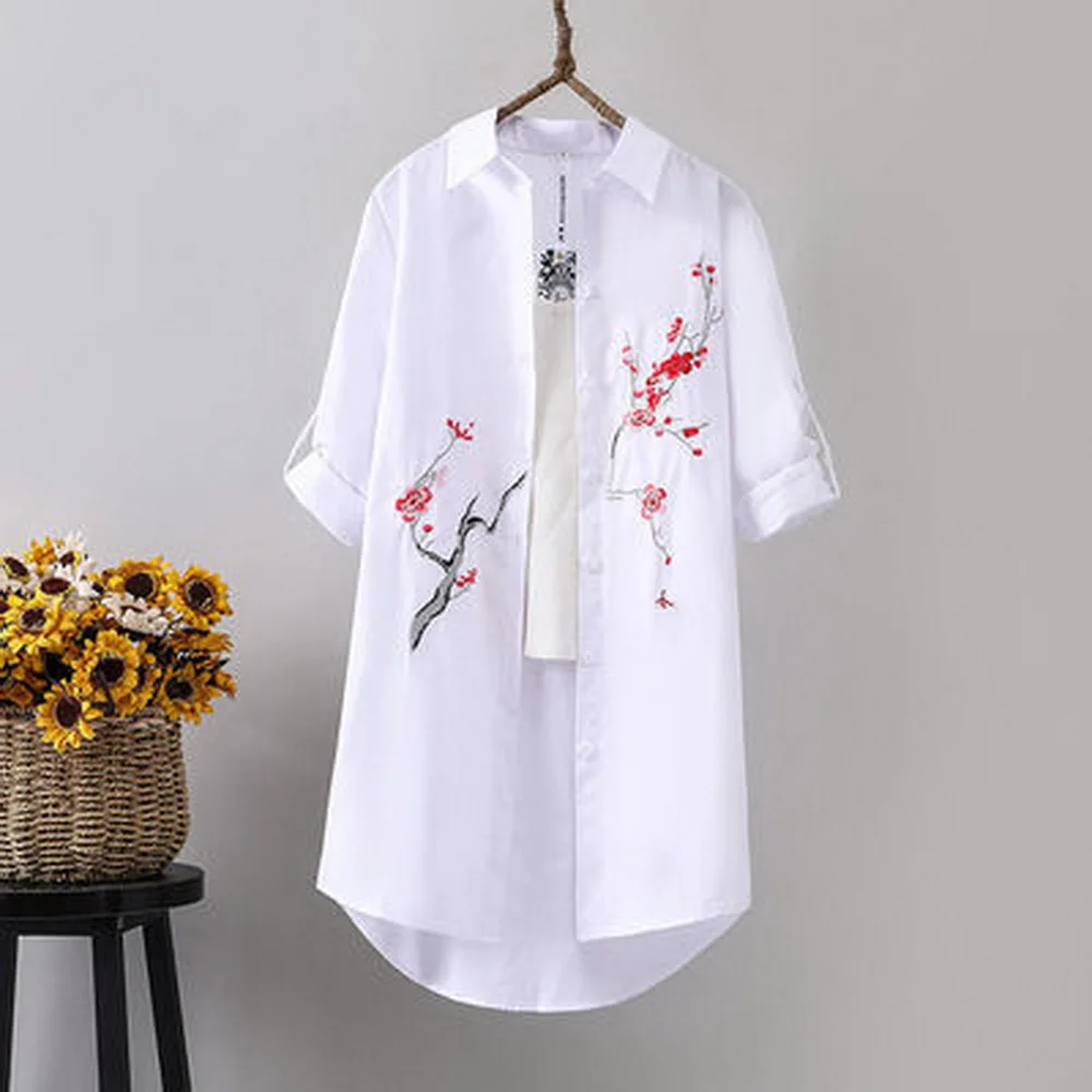 

2021 Autumn Cotton Medium Long Art Embroidery Shirt Female Long Sleeve Korean Loose Bottom Shirt blusas y camisas blouses femme