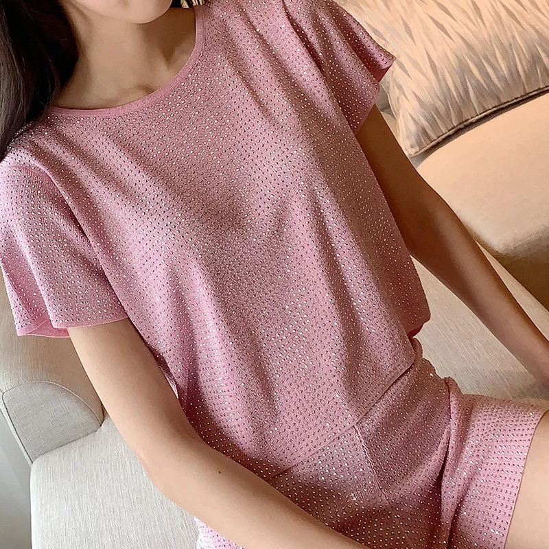 

Summer wear new light luxury heavy industry ironing drill short sleeve top wide leg shorts foreign style knitting fashion