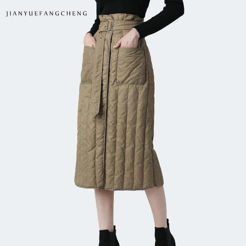 Women Winter Down Skirt High Waist A-Line Warm White Duck Down Skirts With Pockets Belt Lace-Up Plus Size Lady Casual Long Skirt