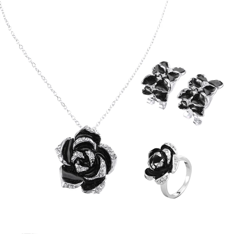 Модная черная покраска свадебные серьги кольцо ожерелье из розового цветка