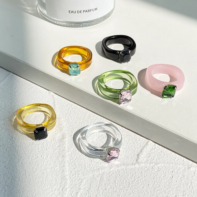 

Colorful Resin Rings Ins Style Y2k Fashion Design Cute Macaron Colors Diamond Acetate Resin Jewelry for Women Accessories