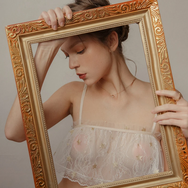 Сетчатый марлевый Сияющий Звезда сексуальный лифчик без бретелек и трусики