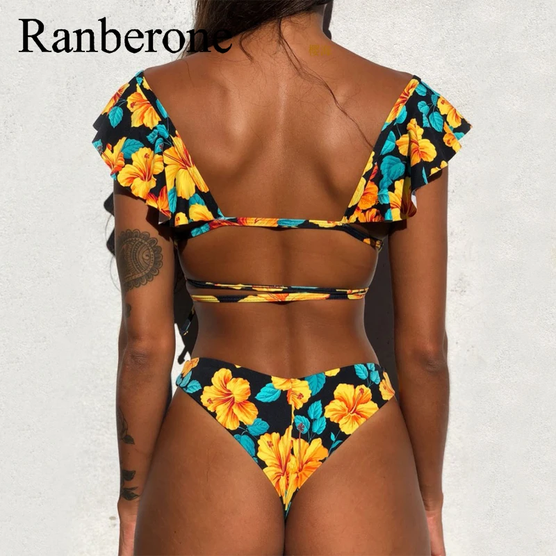 Ranberone 2020 New Sexy Ruffle Women Bukini Backless Swimwear Vintage Bikini Set Push Up Bathing Suit Summer Floral Beachwear