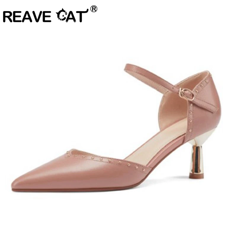 

REAVE CAT Genuine Leather Gentle Woman Gorgeous Shallow Pointed Toe Stiletto High Heels Metal Rivets Studded Strap Pumps B2636
