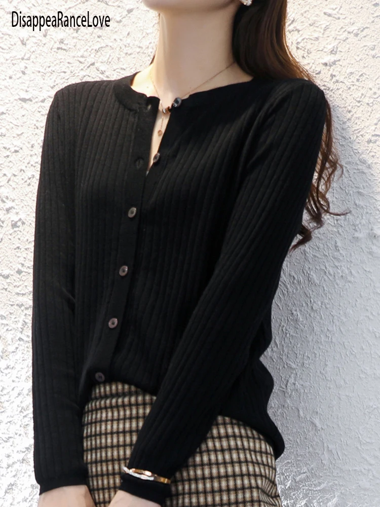 

DisappeaRanceLove 2021 Elegant Women O-Neck Knitted Cardigans Single-Breasted Slim Twisted Sweater Female Autumn Outwear Tops