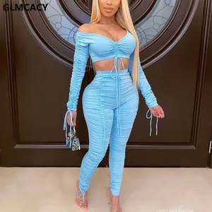 Женские шикарные костюмы из двух предметов, короткий топ с открытыми плечами и длинным рукавом и облегающие брюки с рюшами, сексуальная уличная одежда